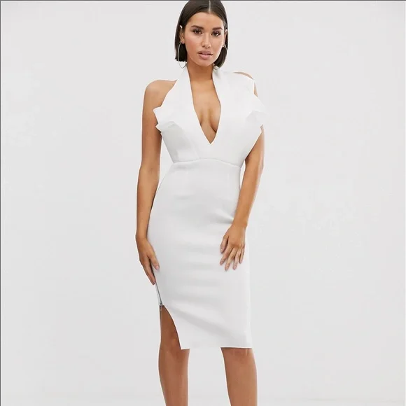 ASOS Design halter origami side zip pencil midi dress-White